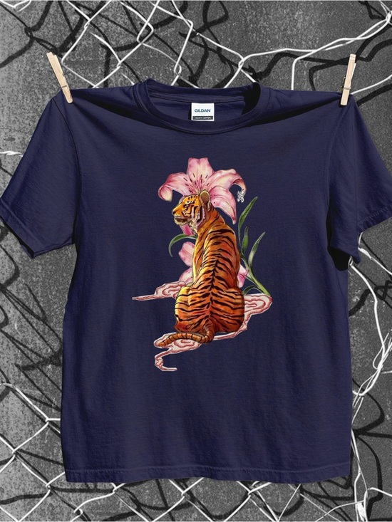 Gildan Tops - Gildan Navy Tee with Orange Tiger and Pink Lily Art